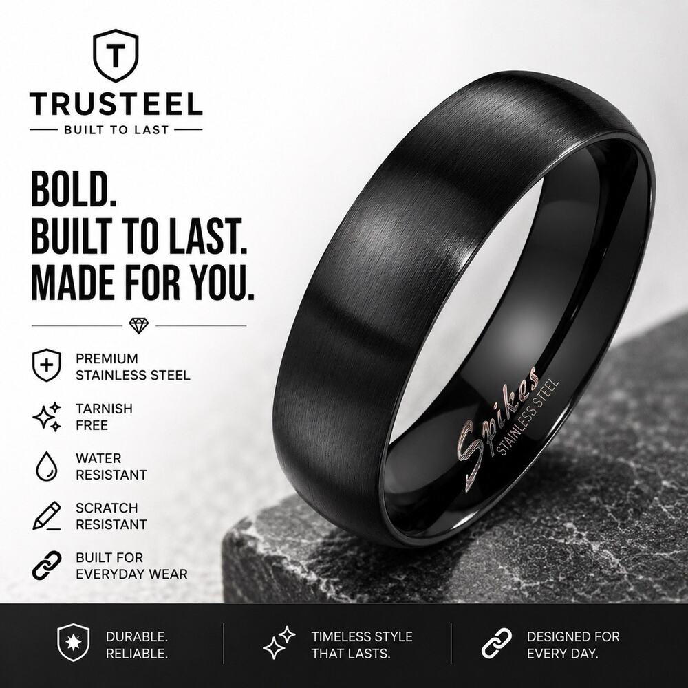 Men’s 316L Stainless Steel Ring Band Comfort Fit Black 6mm Size 9